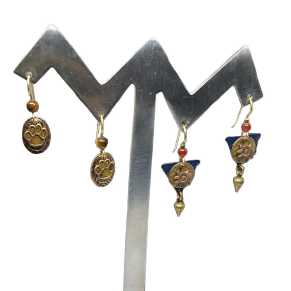CURATED bundle 2 vintage charm dangle drop earrings paw print geometric flower.